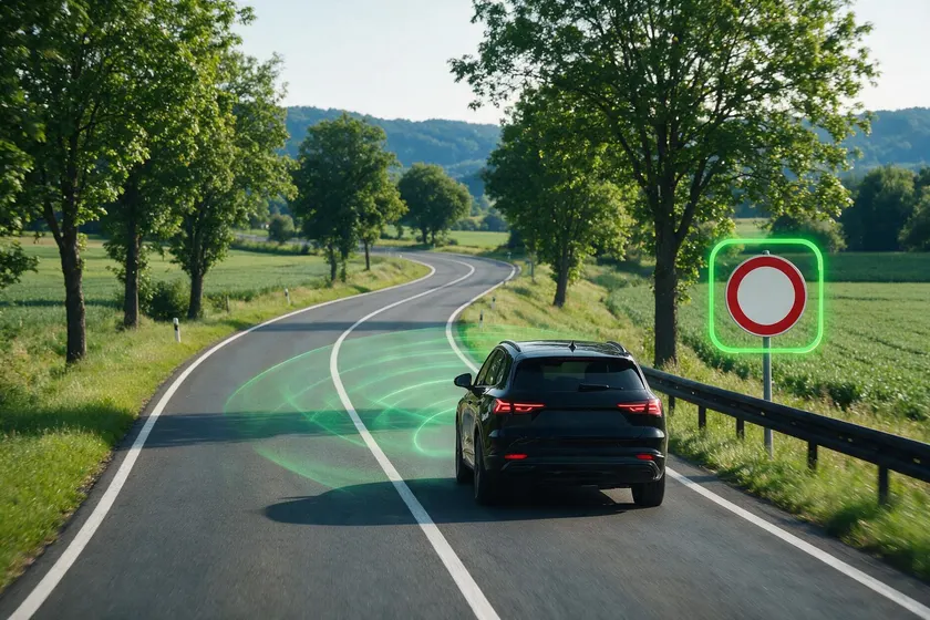 Sistema de reconocimiento de señales detectando una señal de tráfico junto a la carretera, con radar de velocidad
