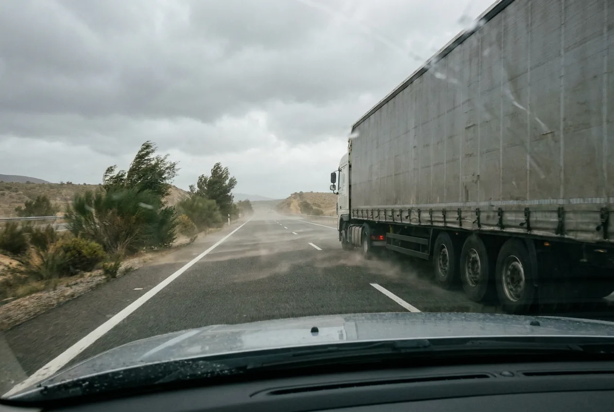 Coche circulando por el carril izquierdo de una autovía a la altura del remolque de un camión articulado, con la vegetación del margen doblada por el viento