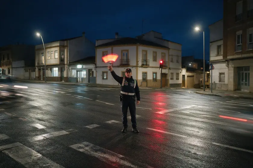 Agente de noche balanceando una luz roja para hacer detenerse a los vehículos