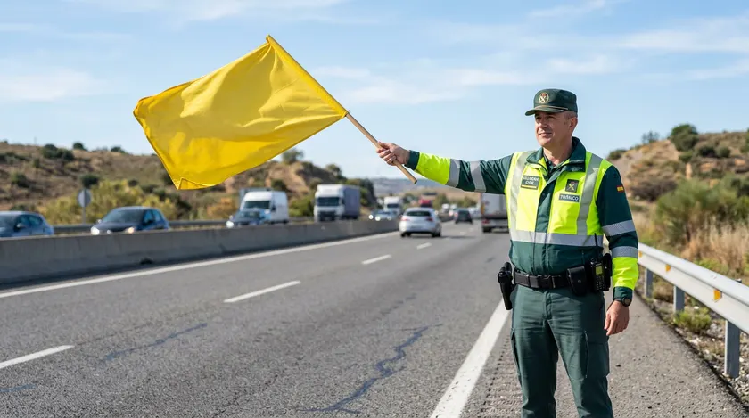 Agente de la Guardia Civil de tráfico mostrando un banderín amarillo en el arcén de una autovía