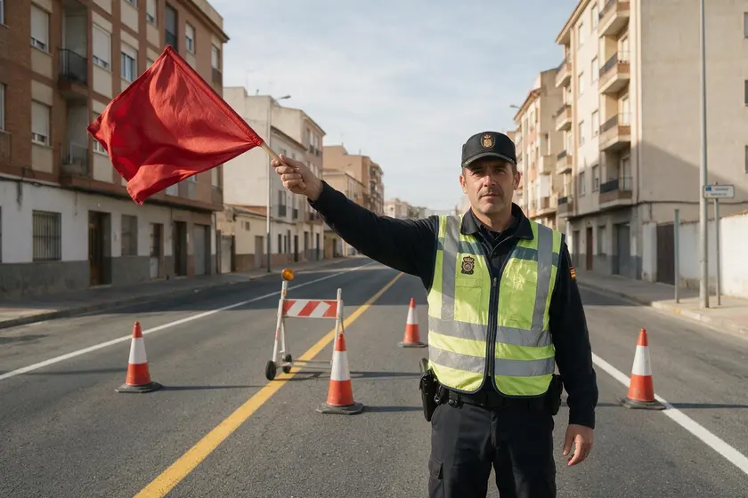Agente de circulación agitando una bandera roja para indicar la calzada cerrada al tráfico