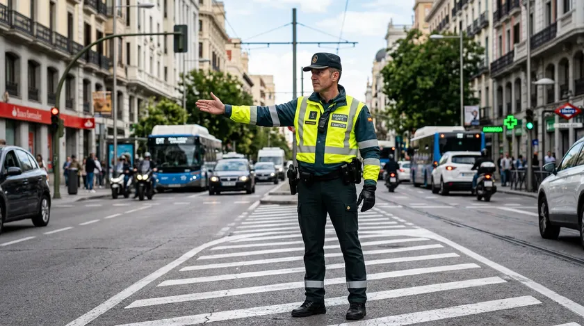 Agente de tráfico con un brazo extendido horizontalmente