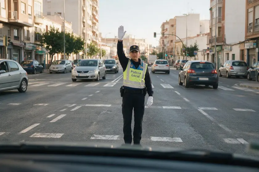 Agente de Policía Local con el brazo levantado verticalmente en medio de una intersección