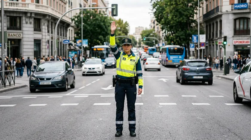 Agente de tráfico con el brazo levantado verticalmente en un cruce
