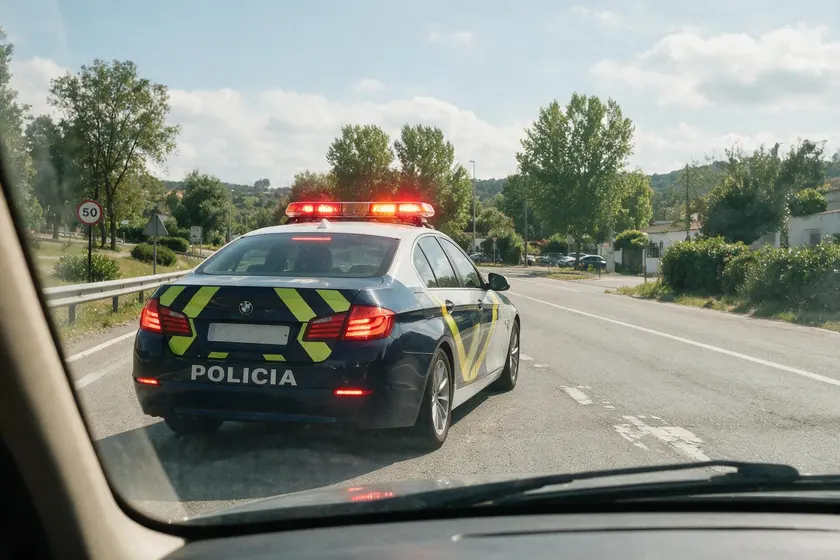 Vehículo policial circulando por el lateral izquierdo de la carretera con las luces de emergencia y de freno encendidas, indicando al conductor que le sigue que se detenga