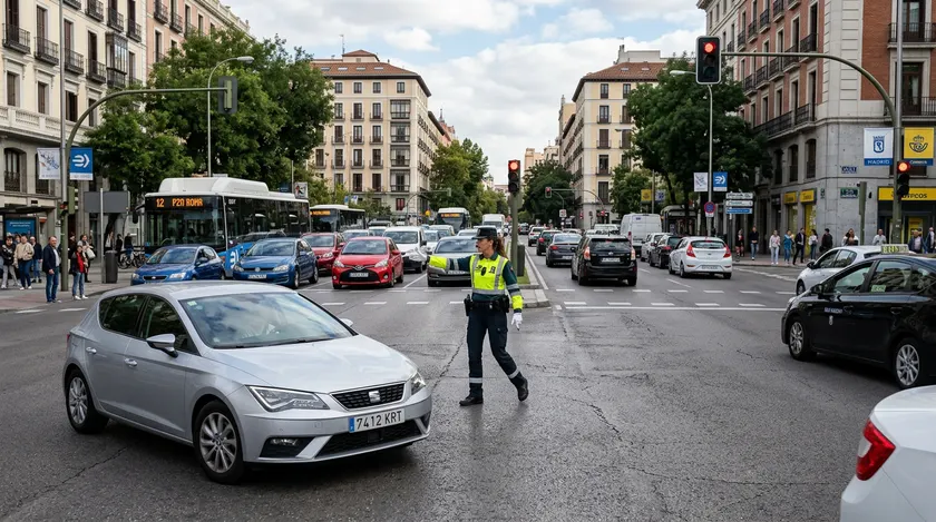 Agente de tráfico regulando la circulación en un cruce con varios coches