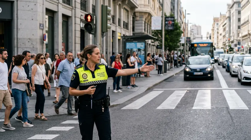 Agente de tráfico indicando a los peatones que crucen con el semáforo peatonal en rojo