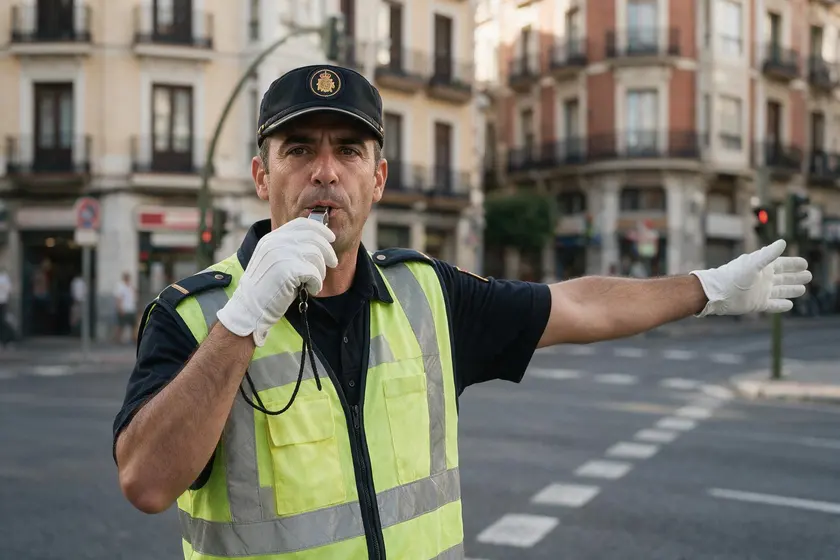 Agente de tráfico haciendo sonar un silbato mientras dirige la circulación