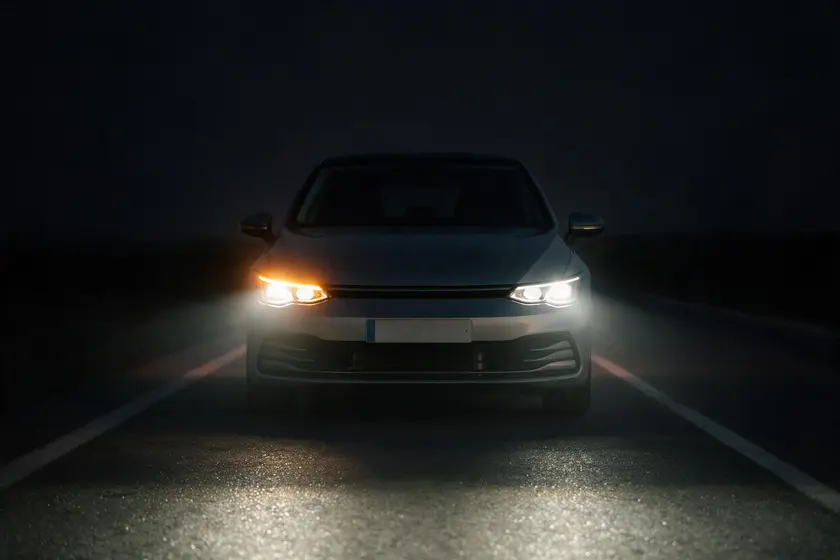 Coche de noche visto de frente con la luz de cruce encendida y el intermitente derecho del vehículo en ámbar