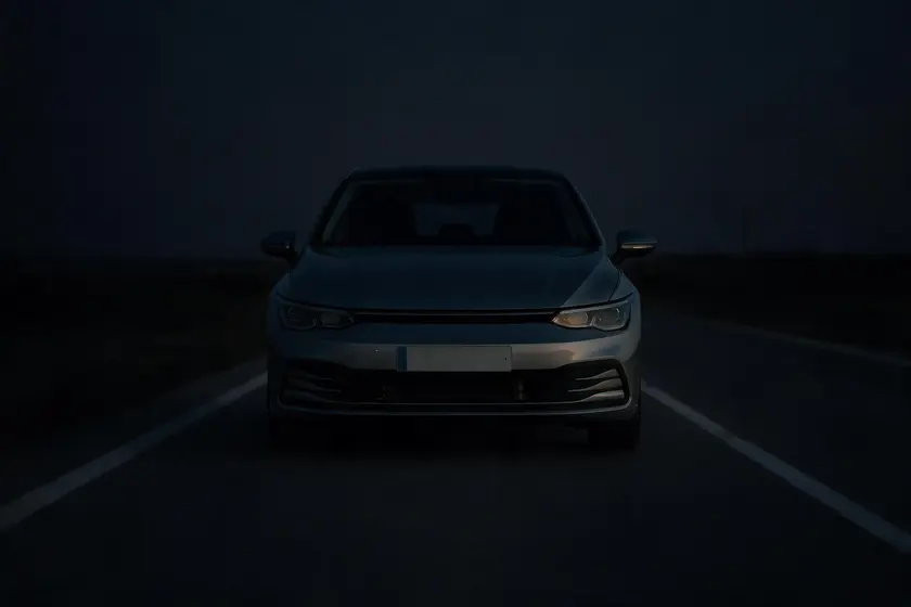 Coche de noche visto de frente con todas las luces apagadas, apenas visible en la oscuridad