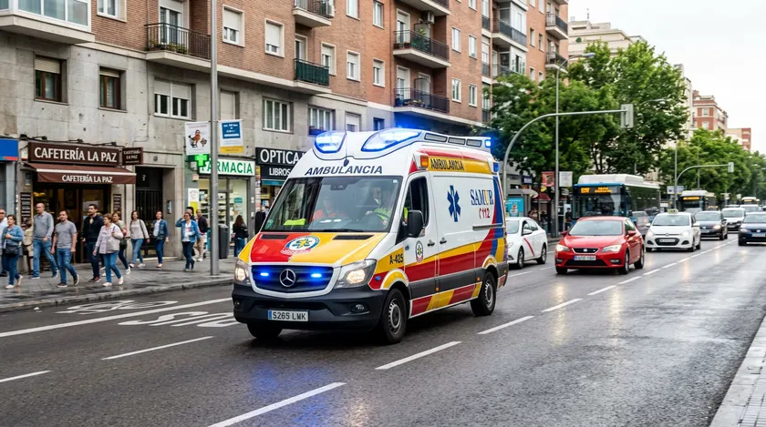 Ambulancia circulando por una vía urbana con las luces de emergencia encendidas
