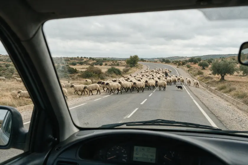 Rebaño de ovejas cruzando una carretera con su pastor, visto desde el puesto del conductor