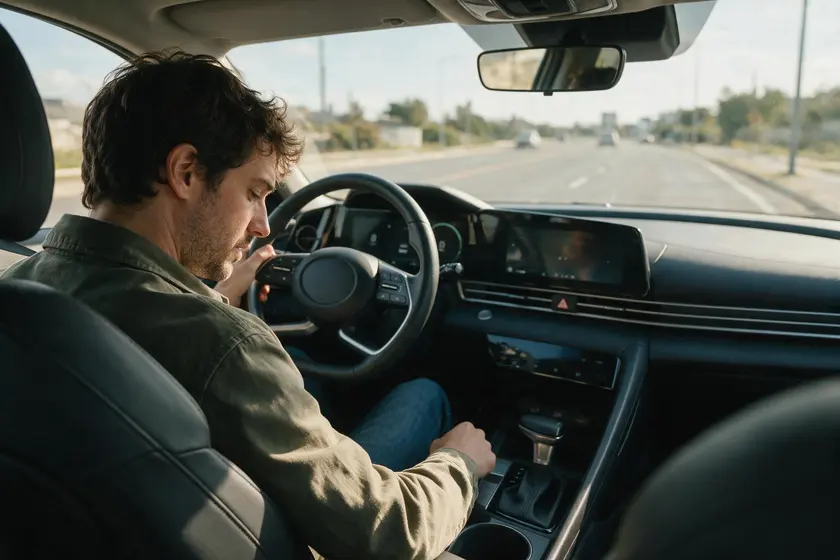 Conductor apartando la vista de la carretera para mirar hacia abajo