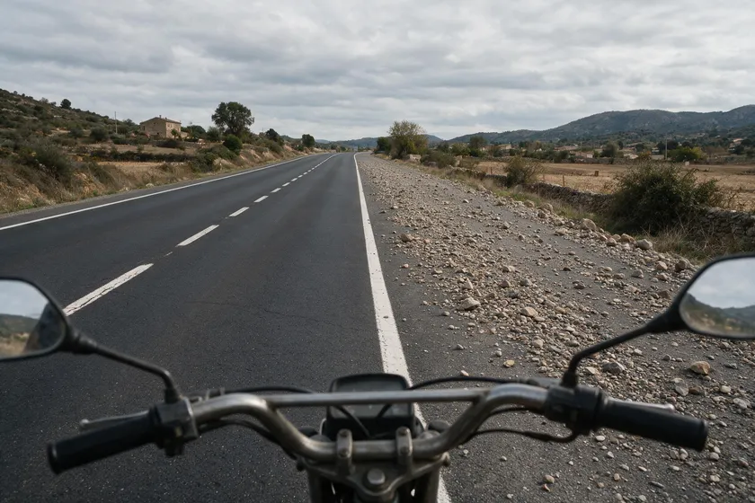 Vista desde un ciclomotor de una carretera cuyo arcén está cubierto de gravilla suelta
