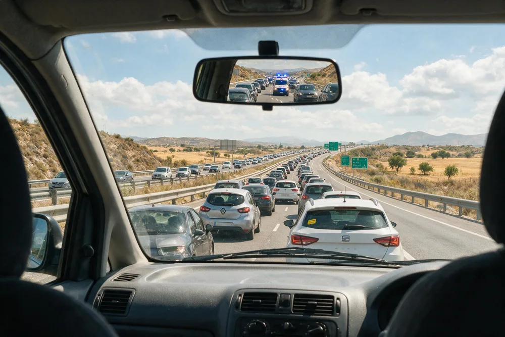 Atasco en una vía de varios carriles visto desde el interior del coche, con un vehículo de emergencias con luces azules acercándose por detrás reflejado en el retrovisor