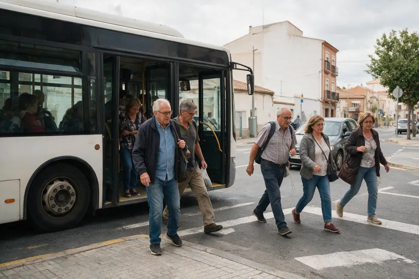 Autobús parado con viajeros cruzando hacia la acera y un coche cediendo el paso