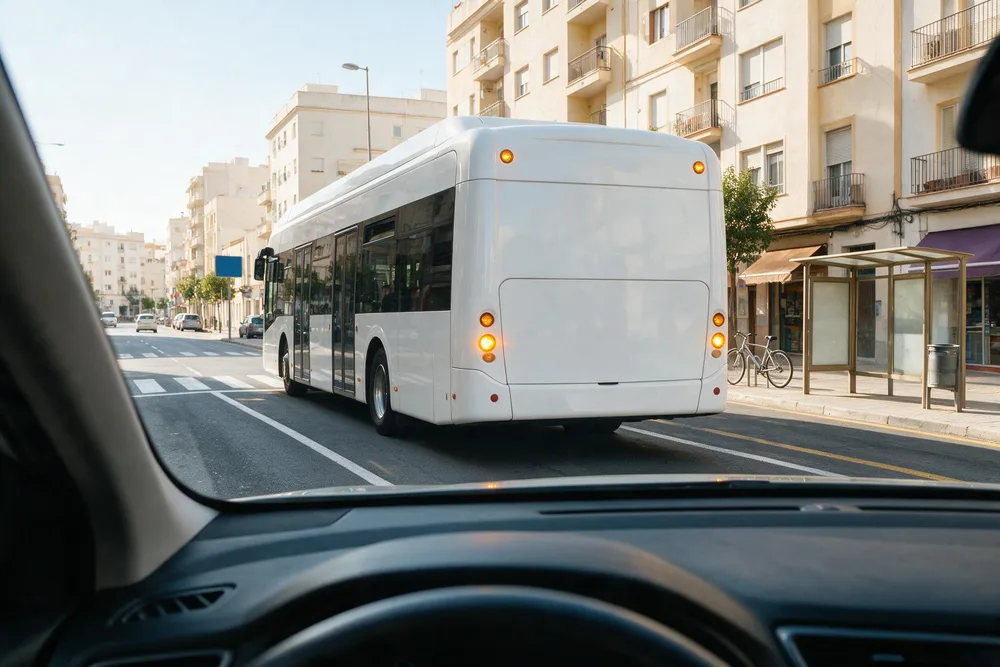 Autobús urbano saliendo de su parada con los intermitentes encendidos, visto desde el parabrisas del coche de detrás