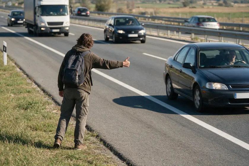 Persona haciendo autostop en el arcén de una autovía