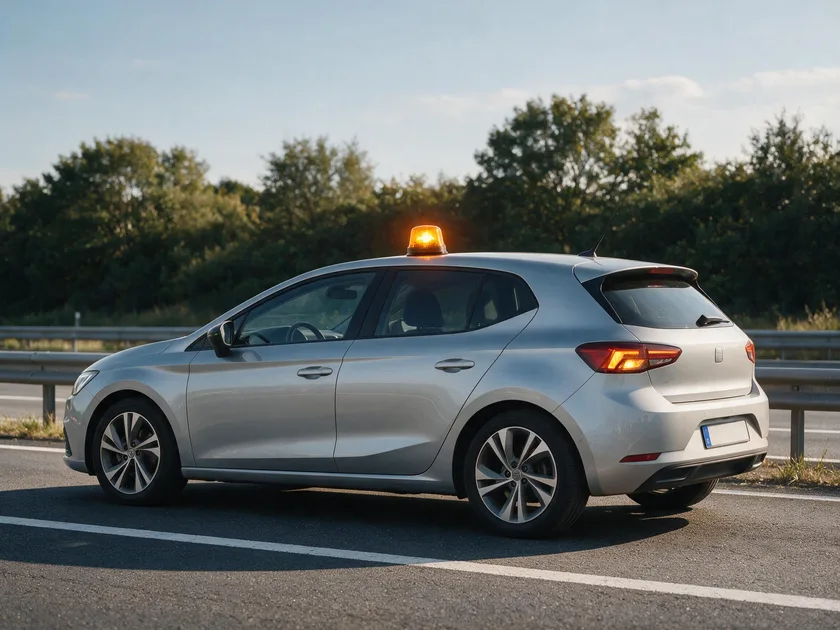 Turismo detenido en el arcén de una autovía con las luces de emergencia y la baliza V-16 encendida sobre el techo