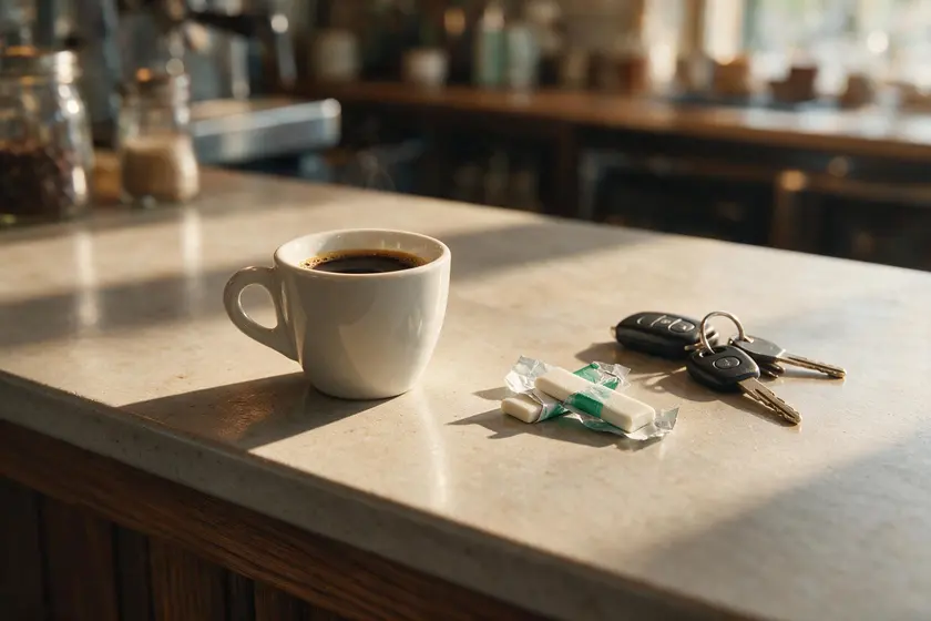Café, chicle y llaves del coche sobre una barra