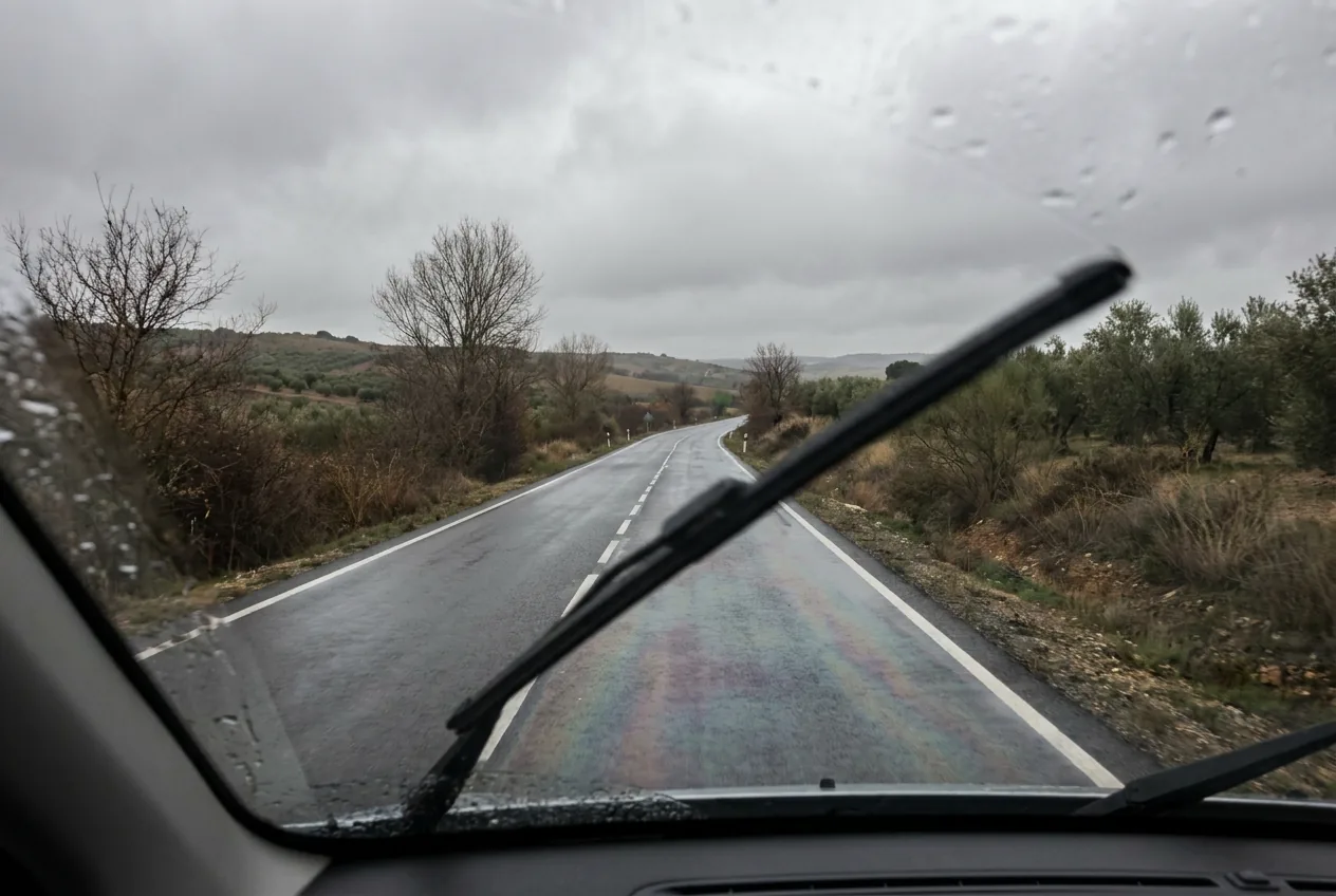 Vista desde el interior de un coche de una carretera con el asfalto húmedo y brillante, con reflejos irisados en la superficie y el limpiaparabrisas a media pasada