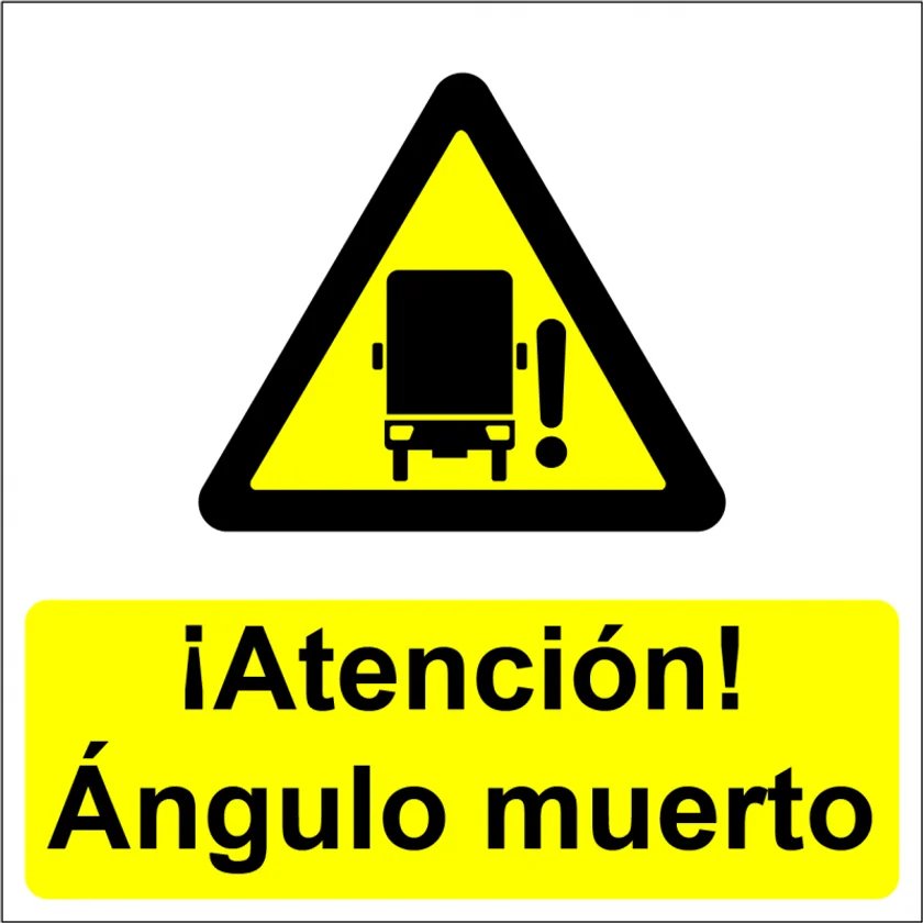 Adhesivo triangular amarillo de aviso de ángulo muerto pegado en el lateral de un camión, con el pictograma de un peatón junto a las ruedas