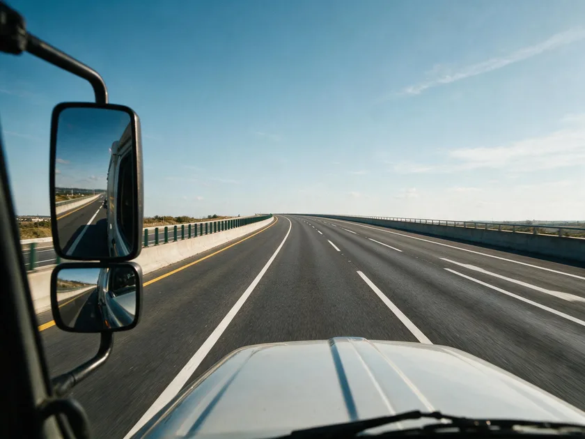 Autopista vista desde la cabina de un camión, con el punto de vista elevado, el capó del camión y el retrovisor lateral