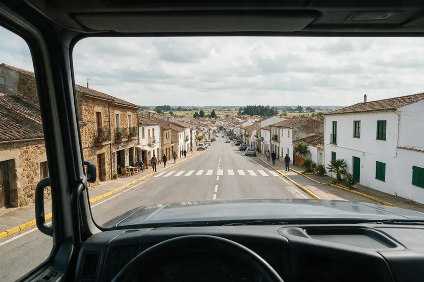 Travesía vista desde la cabina de un camión: la carretera atraviesa un pueblo, con paso de peatones y casas a ambos lados