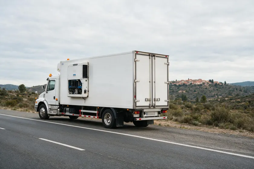 Camión frigorífico con caja isotérmica blanca y equipo de frío visible en la parte delantera de la caja