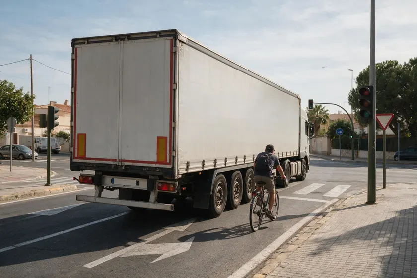 Camión girando a la derecha con un ciclista junto al lateral del remolque