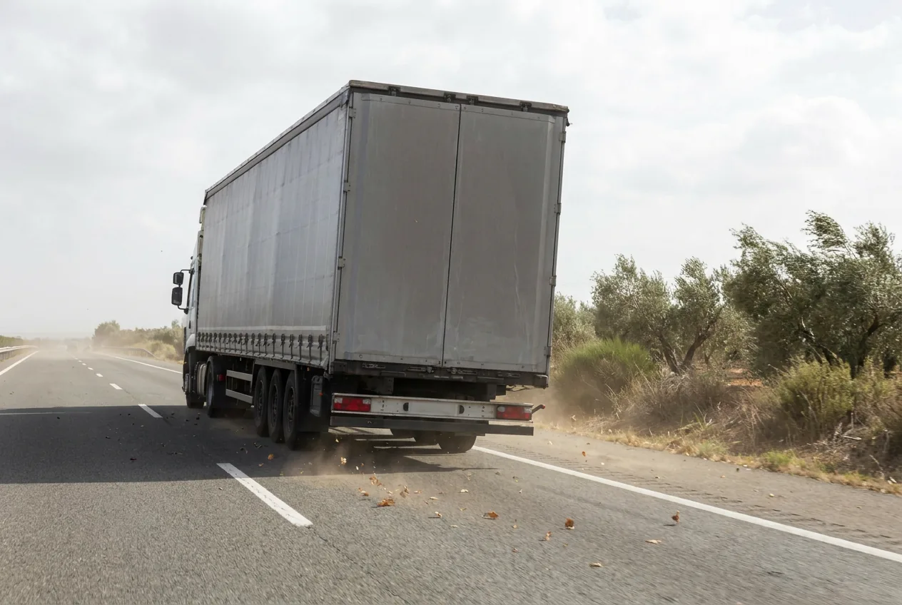 Camión articulado visto desde atrás en una autovía con fuerte viento lateral: el remolque va cubierto por una lona cerrada y tensada, y la vegetación del margen está doblada