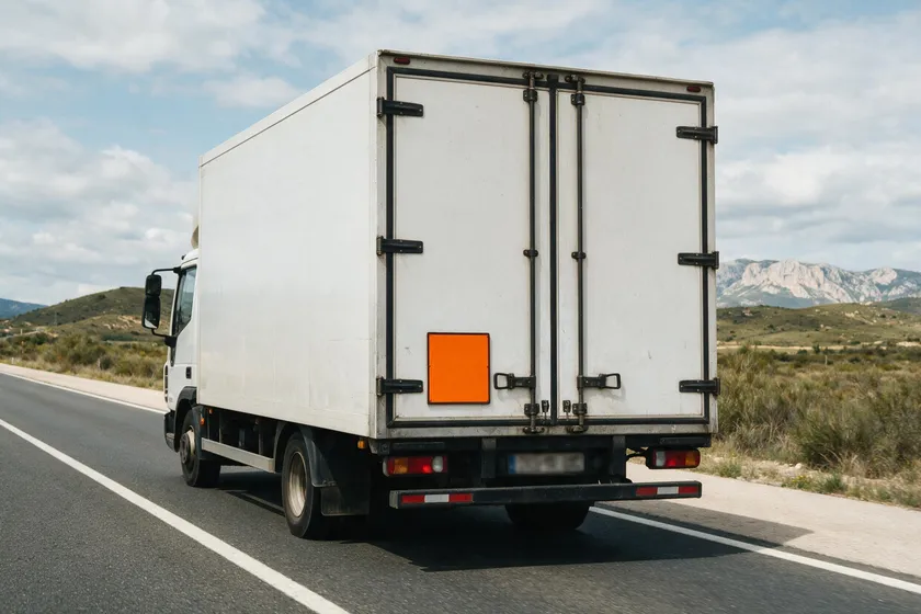 Parte trasera de un camión circulando por carretera con un panel naranja rectangular de mercancías peligrosas