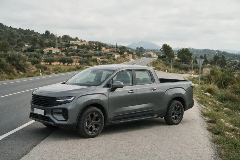 Camioneta pick-up con la caja de carga abierta integrada en la carrocería, sin separación con la cabina