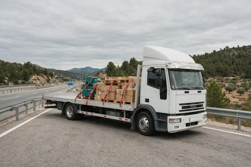 Camión de caja abierta con la mercancía sujeta con correas sobre una plataforma plana sin paredes laterales