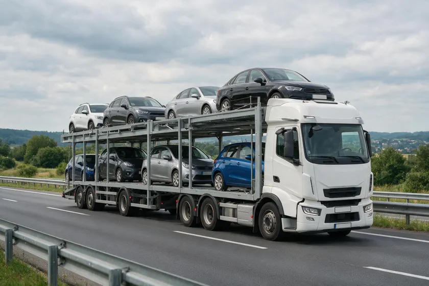 Camión portavehículos con rampa abierta de dos alturas transportando dos coches