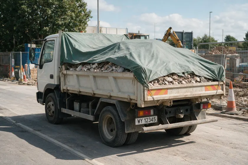 Camión con la carga de escombro cubierta con un toldo
