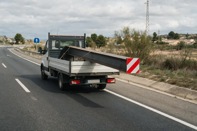Camión corto con una viga larga que sobresale por detrás, señalizada con un panel de franjas rojas y blancas