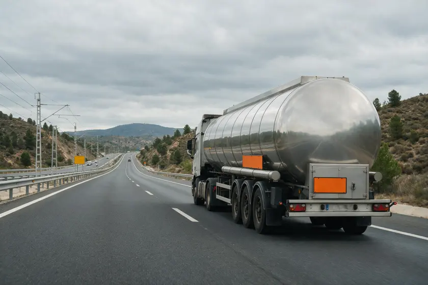 Camión cisterna de mercancías peligrosas circulando por una autovía, con los paneles naranja de señalización