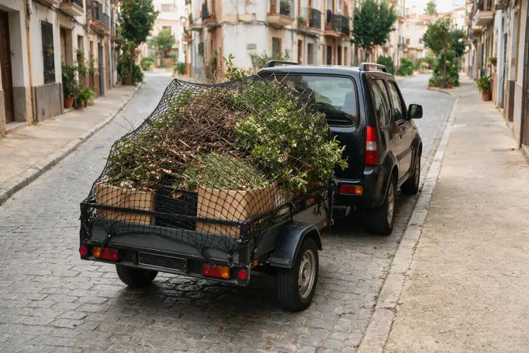 Turismo con un remolque ligero enganchado, cargado y cubierto con una red sujeta