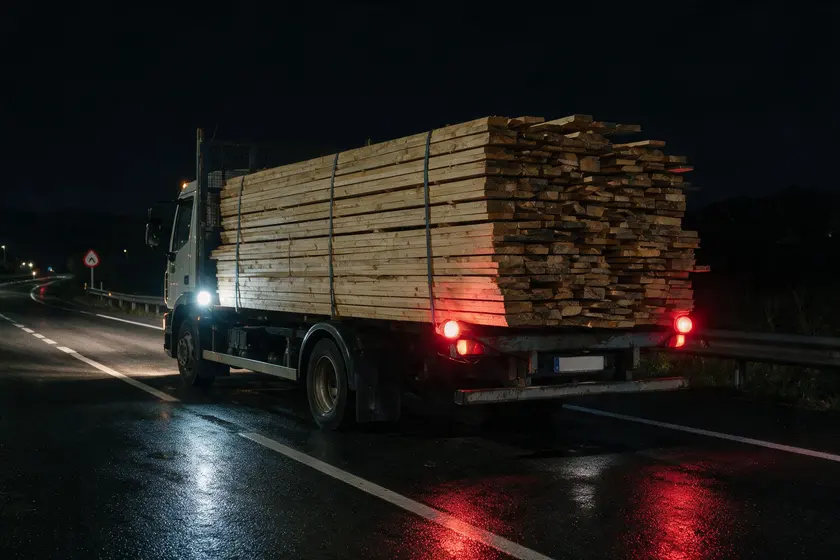 De noche, carga que sobresale lateralmente señalizada con luz blanca delante y roja detrás