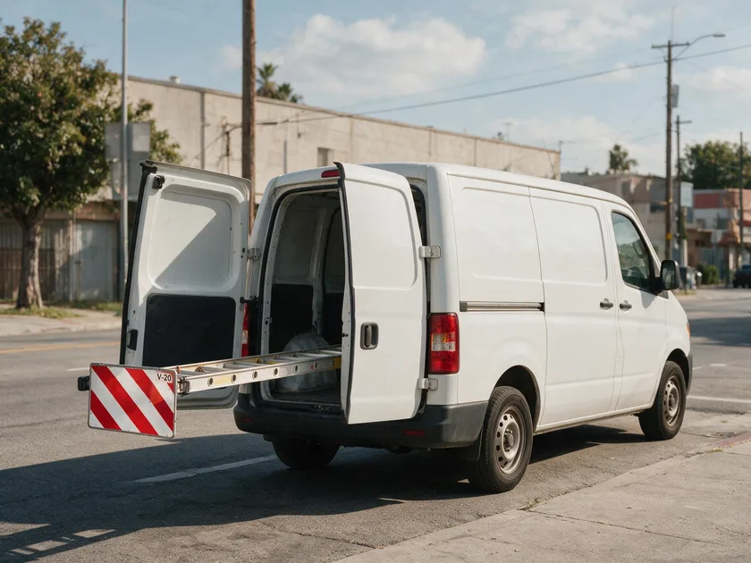 Furgoneta con una escalera que sobresale por detrás, señalizada con el panel V-20 de rayas rojas y blancas