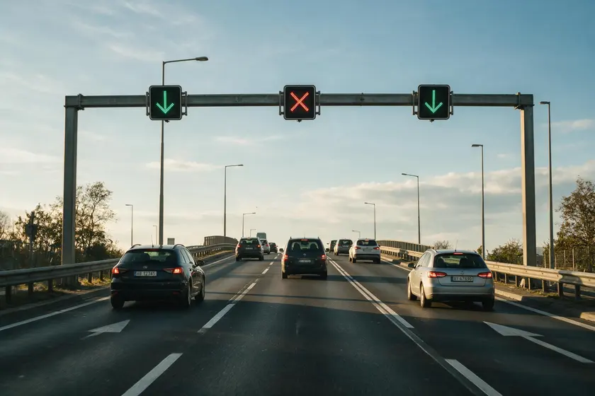 Coche circulando por un carril reversible de día con la luz de cruce encendida