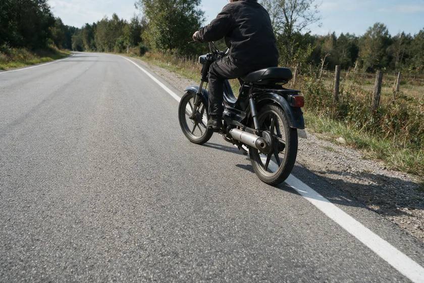 Ciclomotor circulando dentro de la calzada, pegado al borde derecho