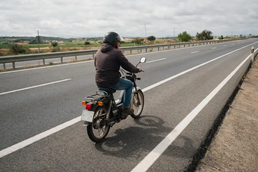 Ciclomotor circulando por el arcén de una carretera interurbana