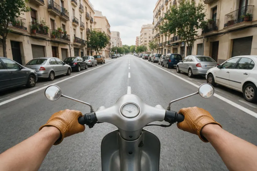 Calle urbana vista desde el manillar de un ciclomotor, con coches estacionados a ambos lados