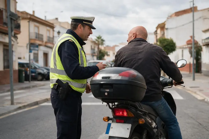 Agente hablando con un conductor de ciclomotor que no lleva casco