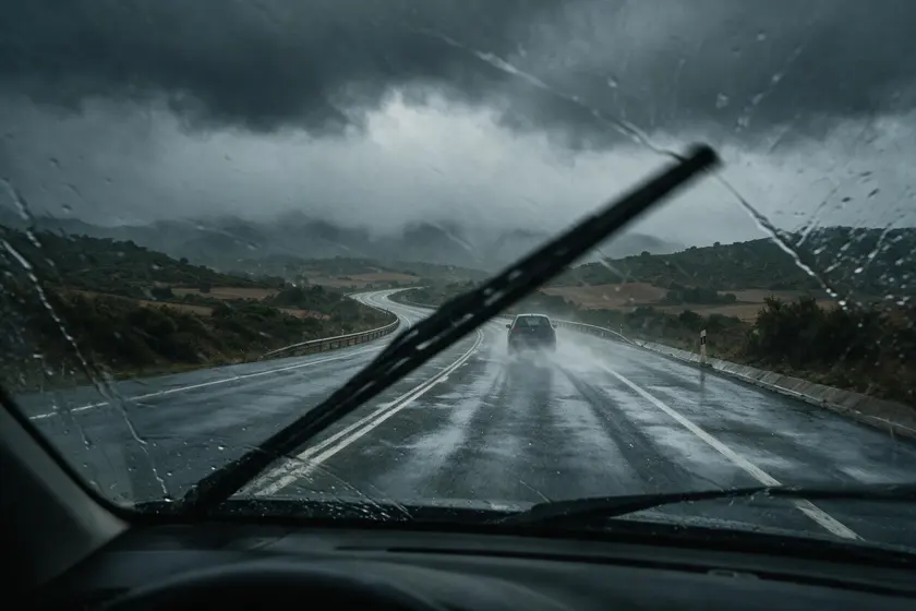 Carretera vista desde el puesto del conductor con lluvia intensa: calzada encharcada y el vehículo de delante levantando agua