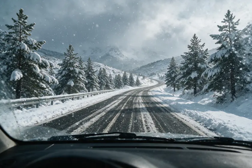 Carretera de montaña vista desde el puesto del conductor durante una nevada, con la calzada parcialmente cubierta de nieve