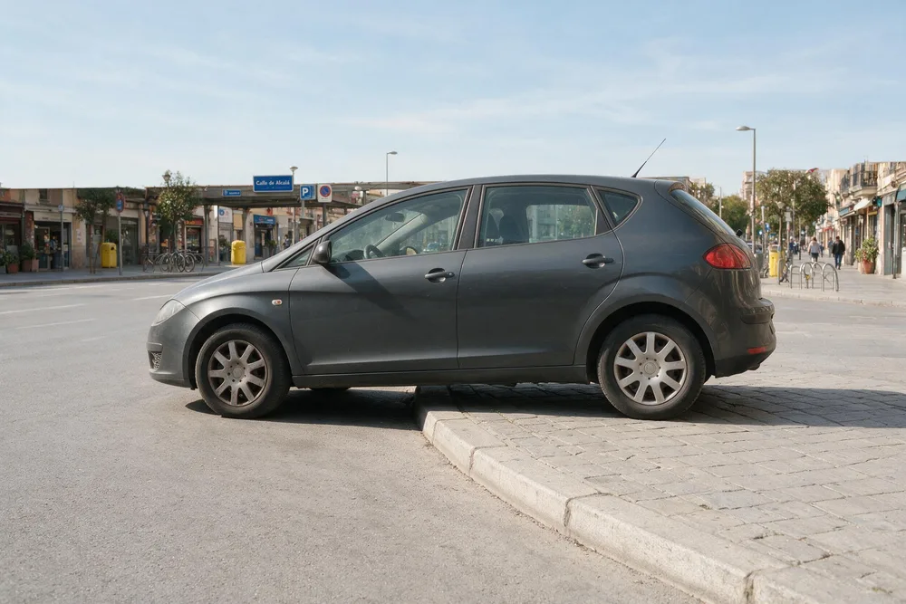 Turismo estacionado en una calle urbana con las ruedas de un lado subidas sobre la acera