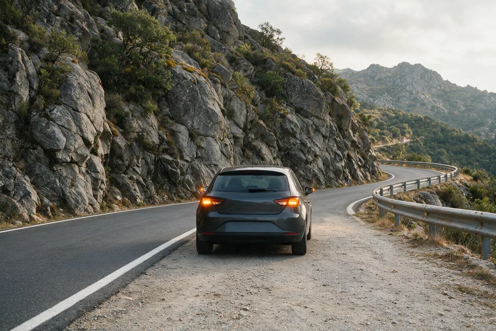 Turismo detenido fuera del asfalto, con las luces de emergencia encendidas, en una curva de una carretera de montaña, visto desde atrás